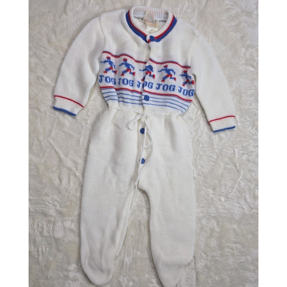 Vintage 70s 80s Childwise JOG Knit Baby Romper Footed 0-12M Japan Unisex